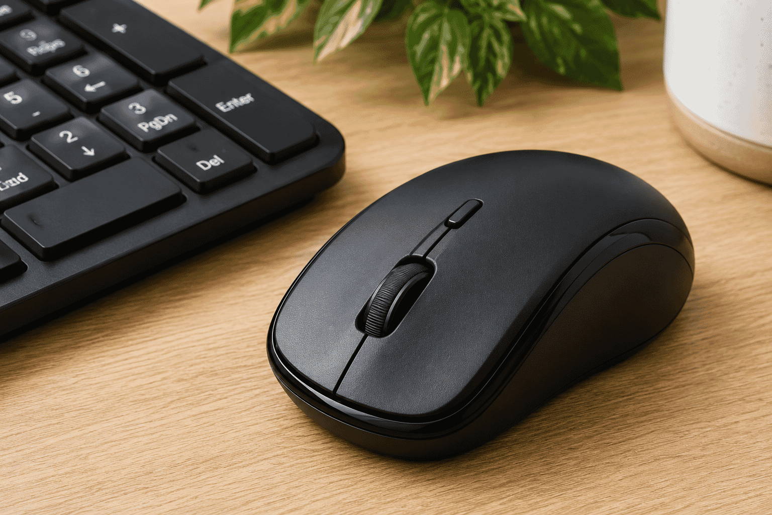 Computer mouse sitting beside a keyboard.