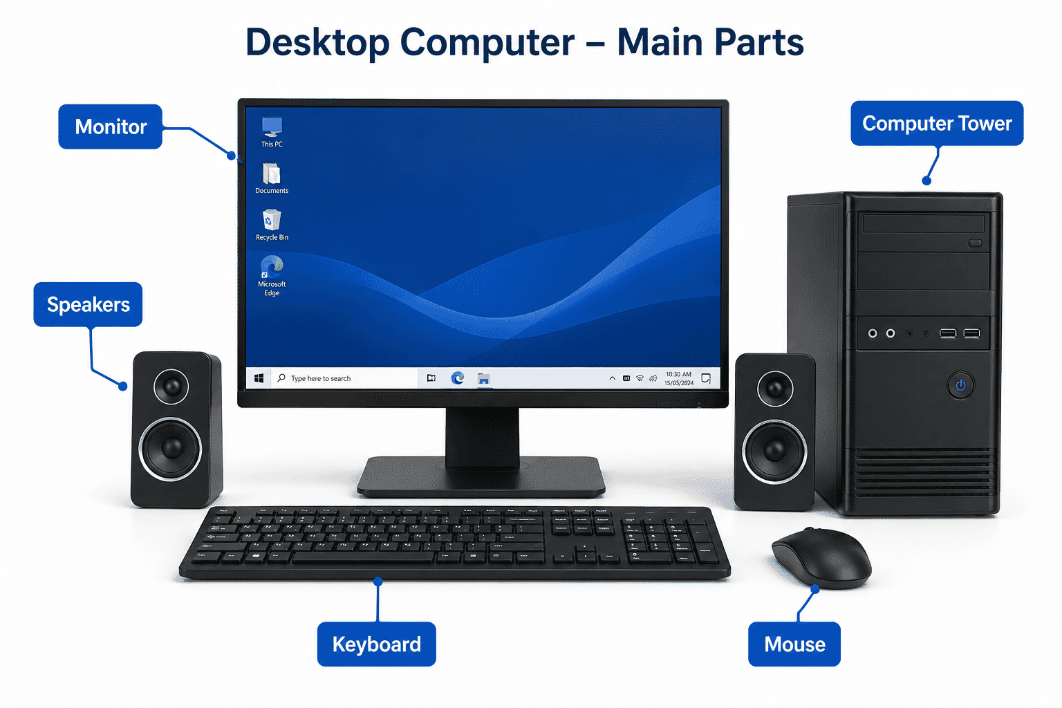 Diagram showing the main external parts of a desktop computer including the monitor, keyboard, mouse, speakers and computer tower.