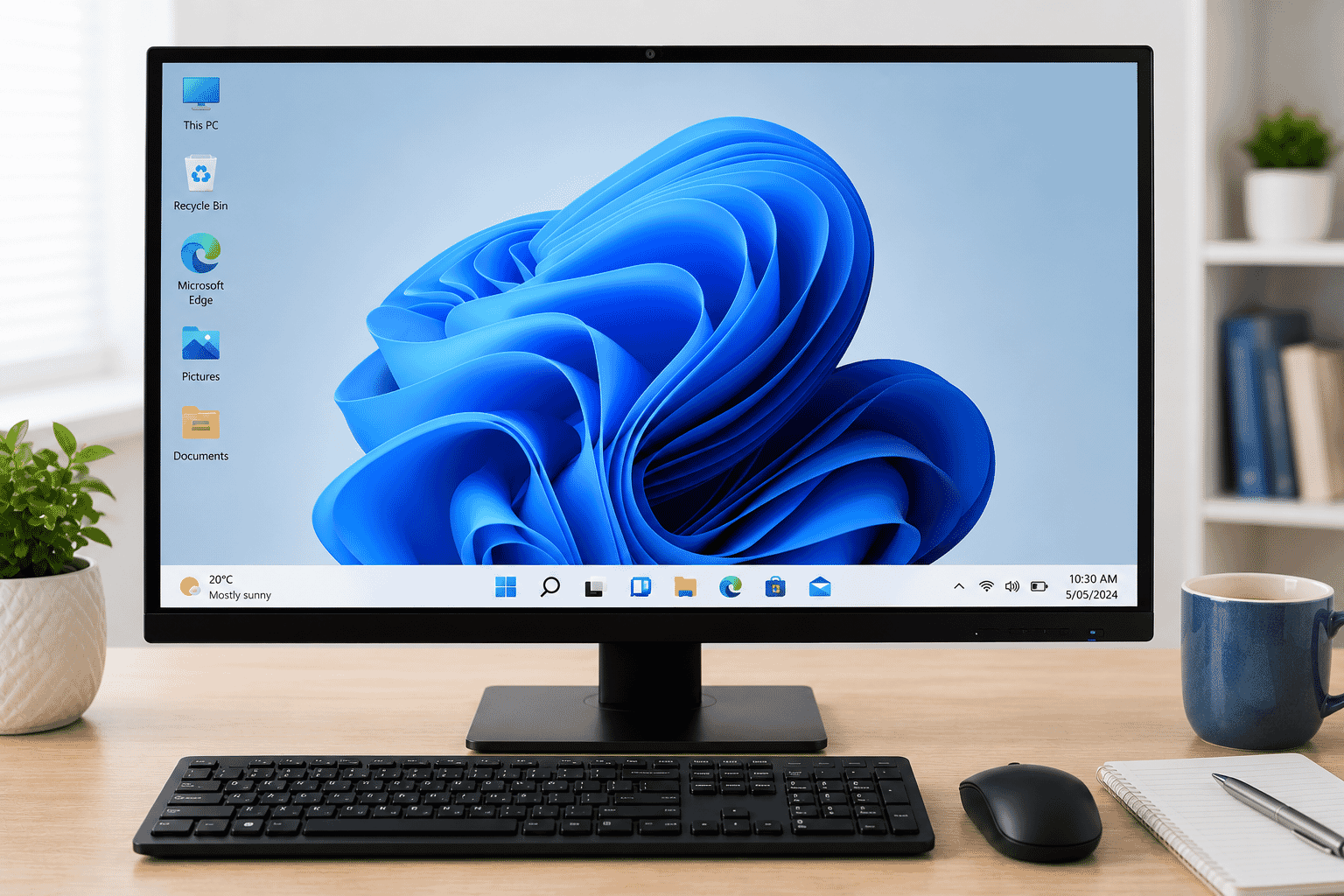 Desktop computer monitor displaying a simple home screen.