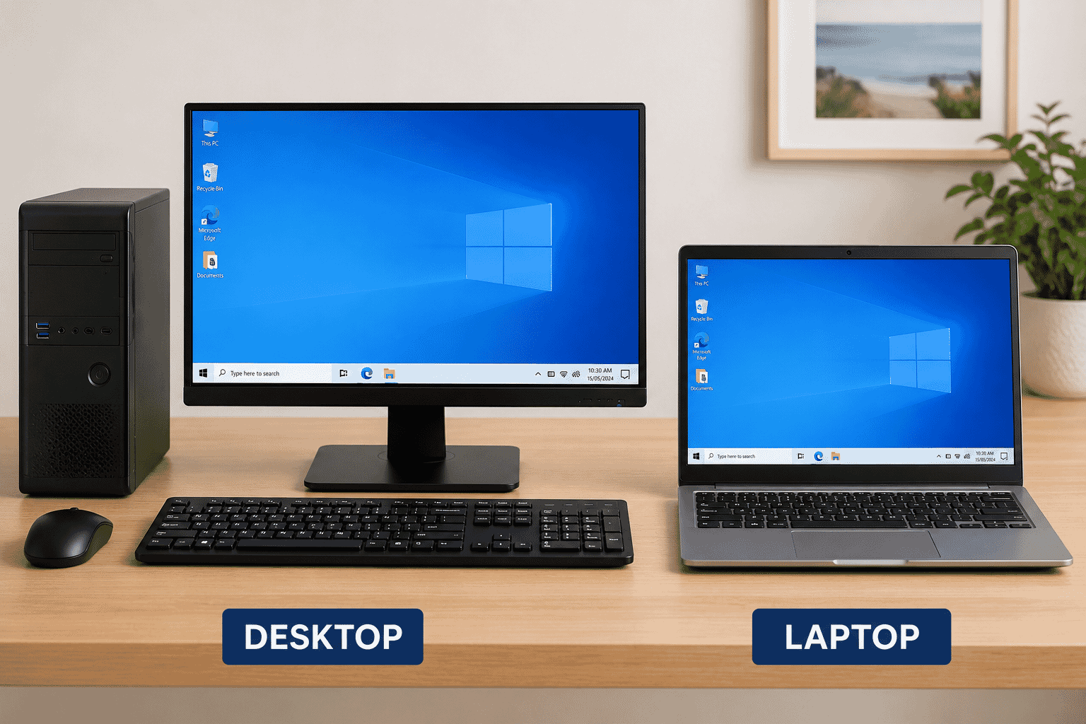 Desktop computer displayed beside a laptop to compare the two types of personal computers.