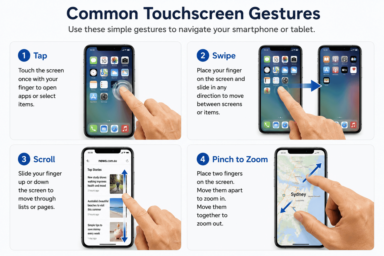 Illustration showing tap, swipe, scroll and pinch-to-zoom gestures on a touchscreen.