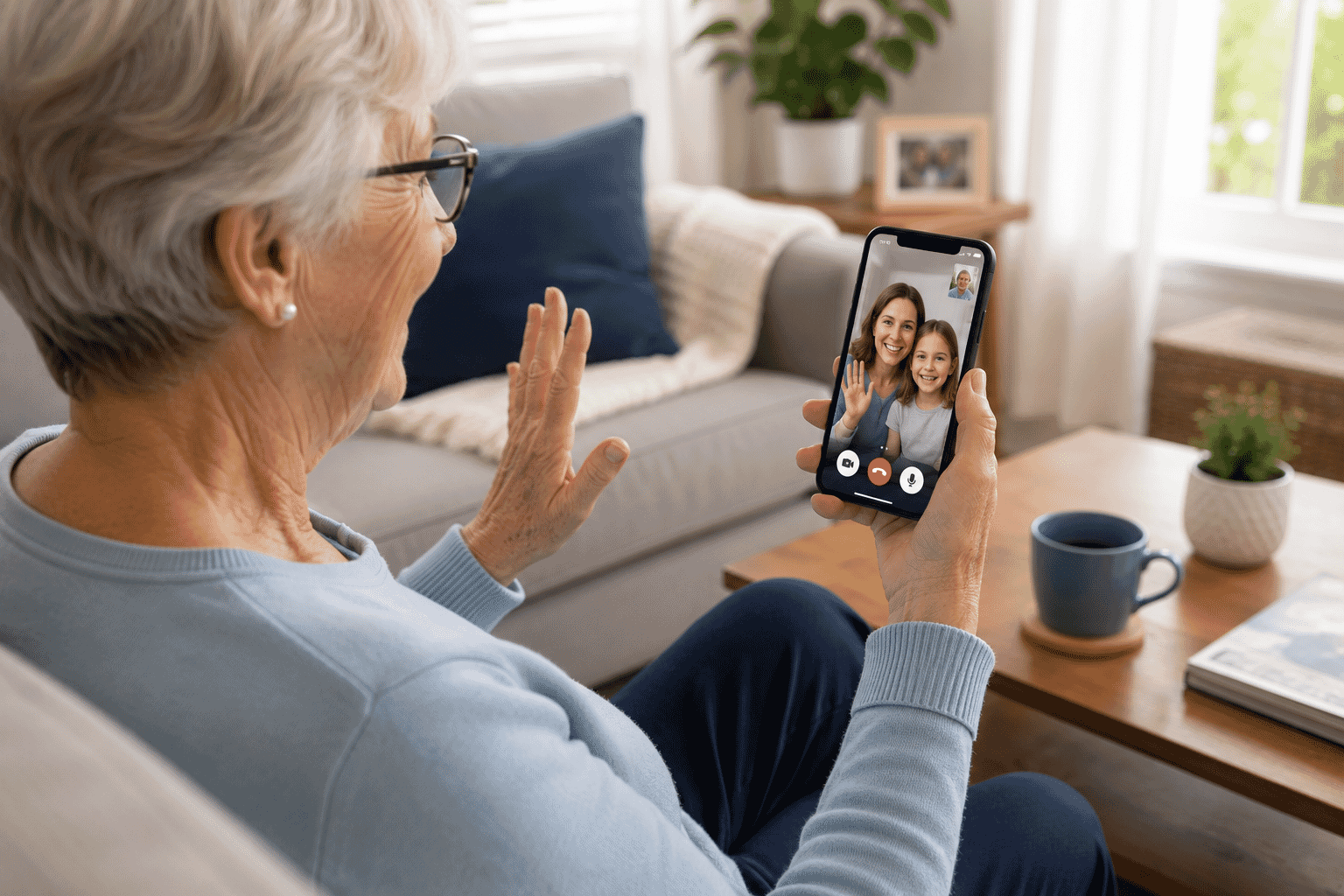 Senior using a smartphone for a video call at home.