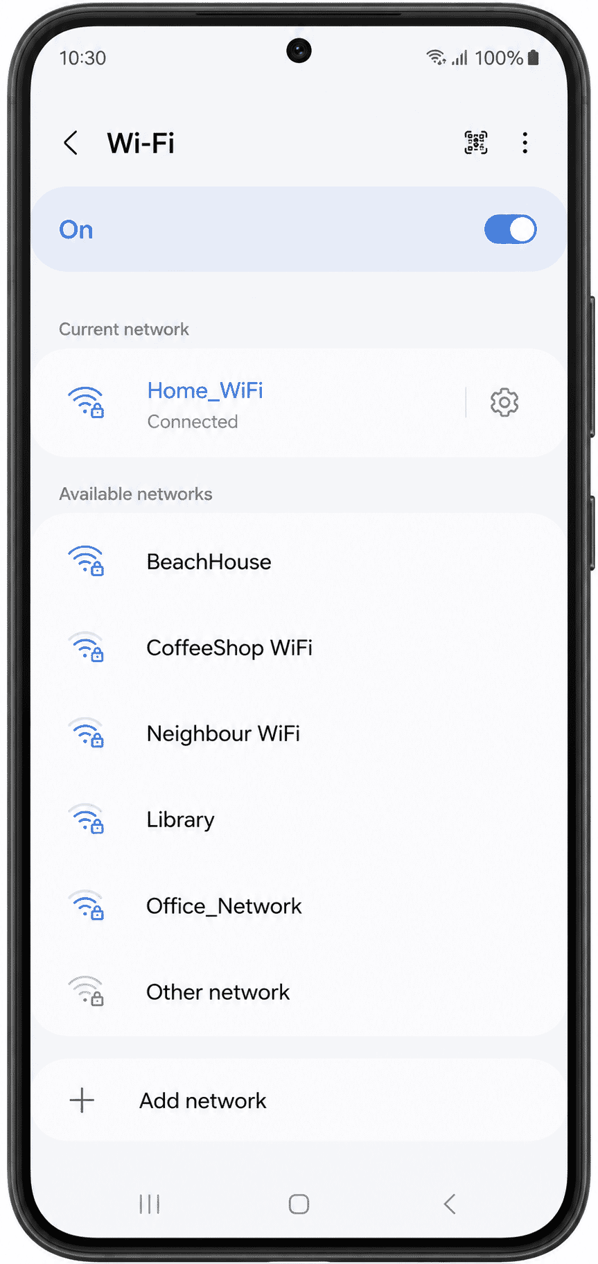 Android phone displaying the Wi-Fi settings screen with available wireless networks.