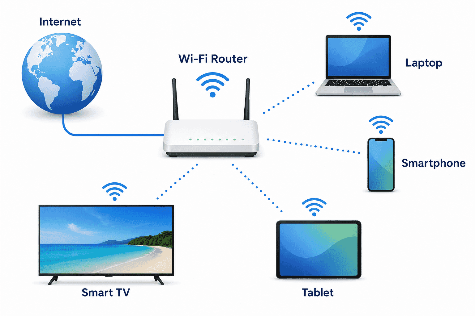 Simple diagram showing a Wi-Fi router connected wirelessly to a laptop, smartphone, tablet and smart television.
