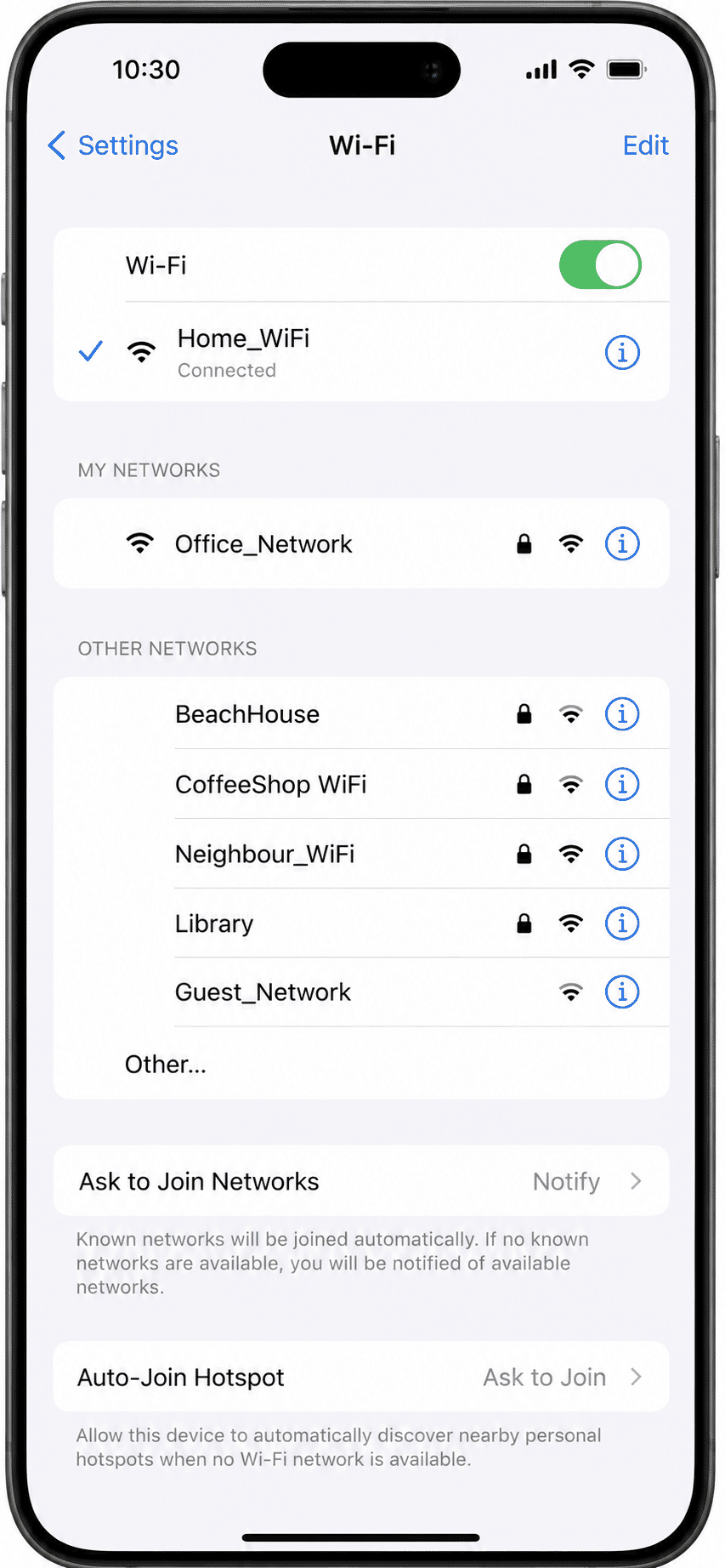 iPhone displaying the Wi-Fi settings page with available wireless networks.