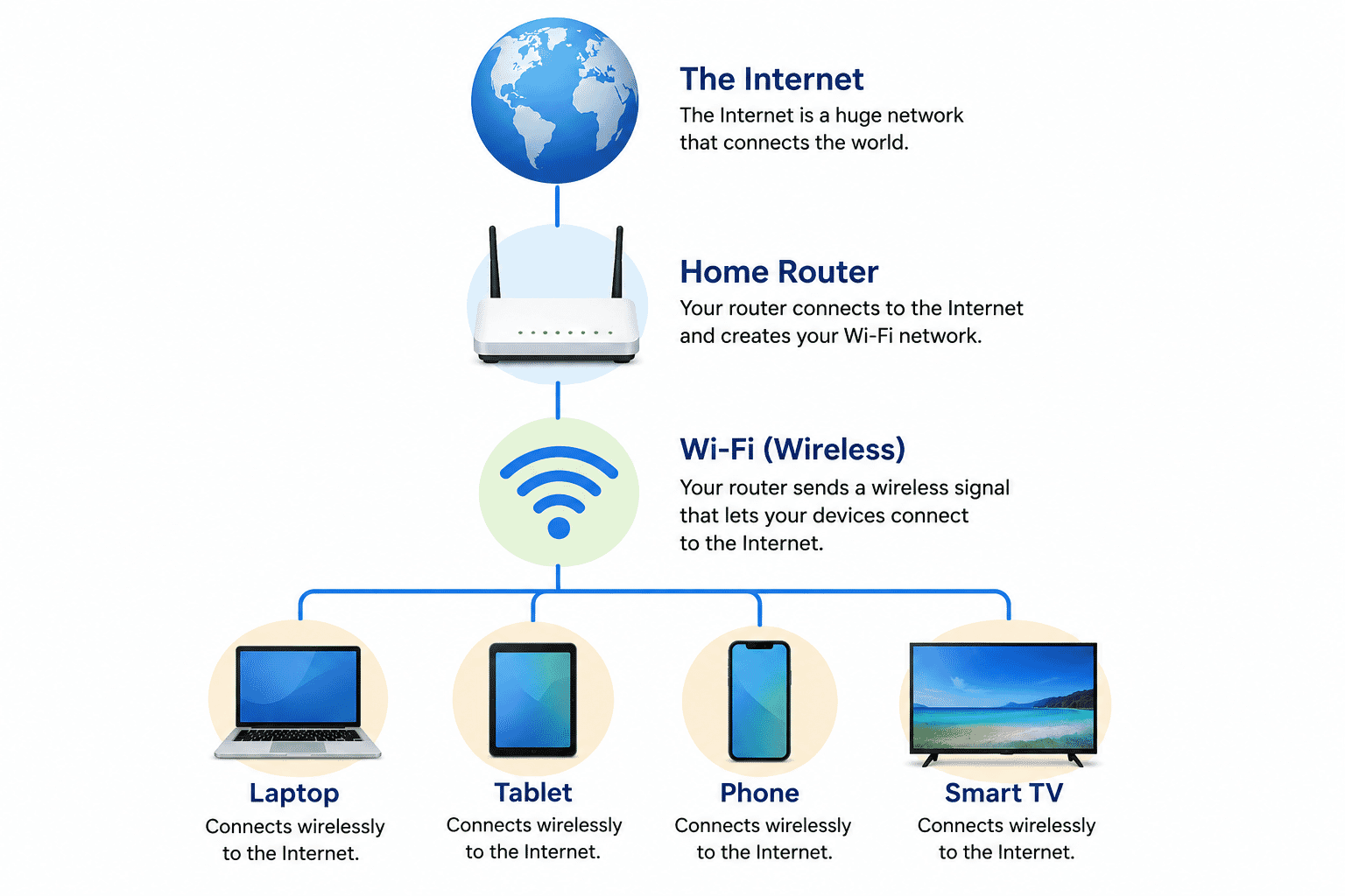 Educational diagram showing the internet connecting to a home router, with the router providing Wi-Fi to nearby devices.