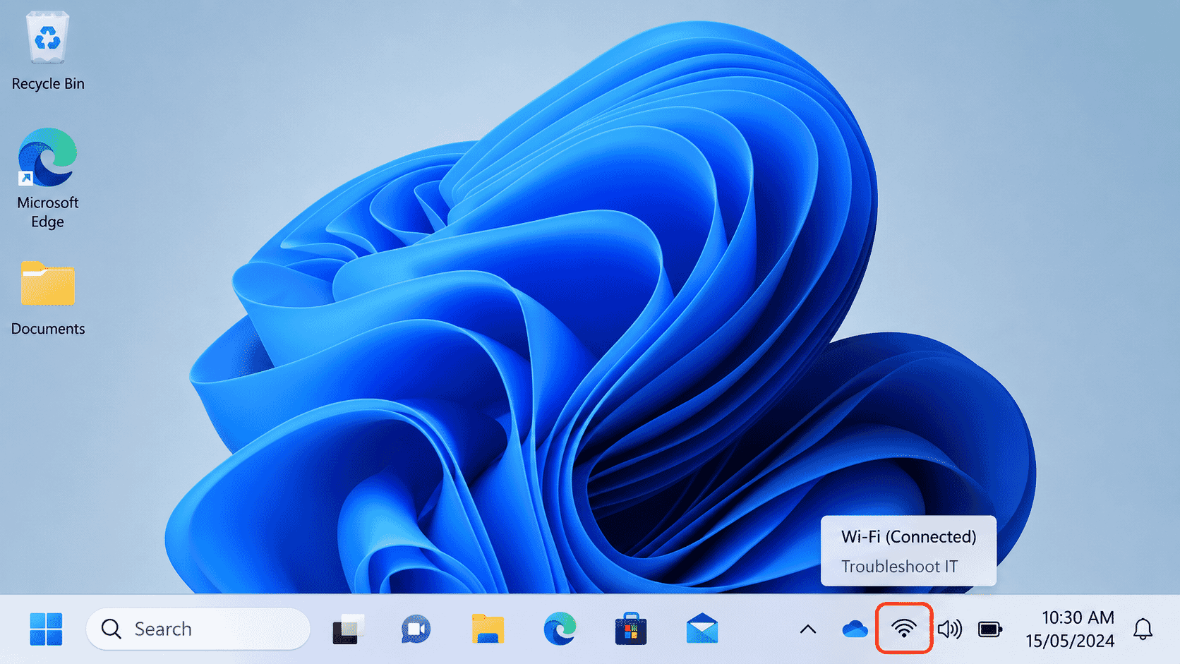 Windows 11 taskbar showing the Wi-Fi connection icon.