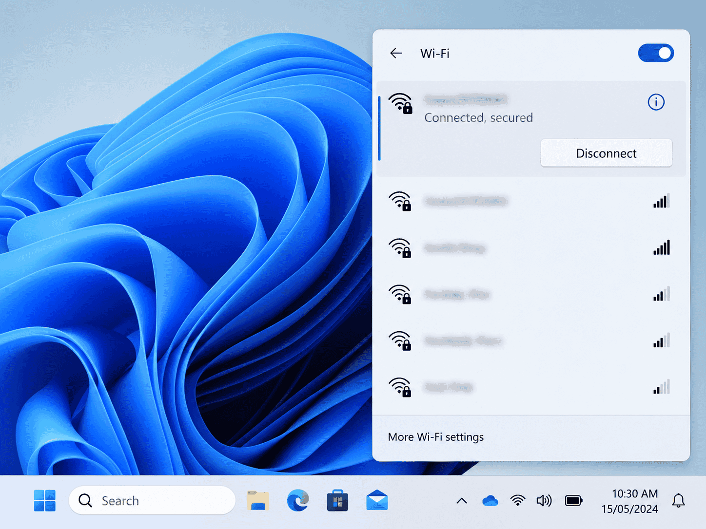 Windows 11 Wi-Fi menu displaying available wireless networks.
