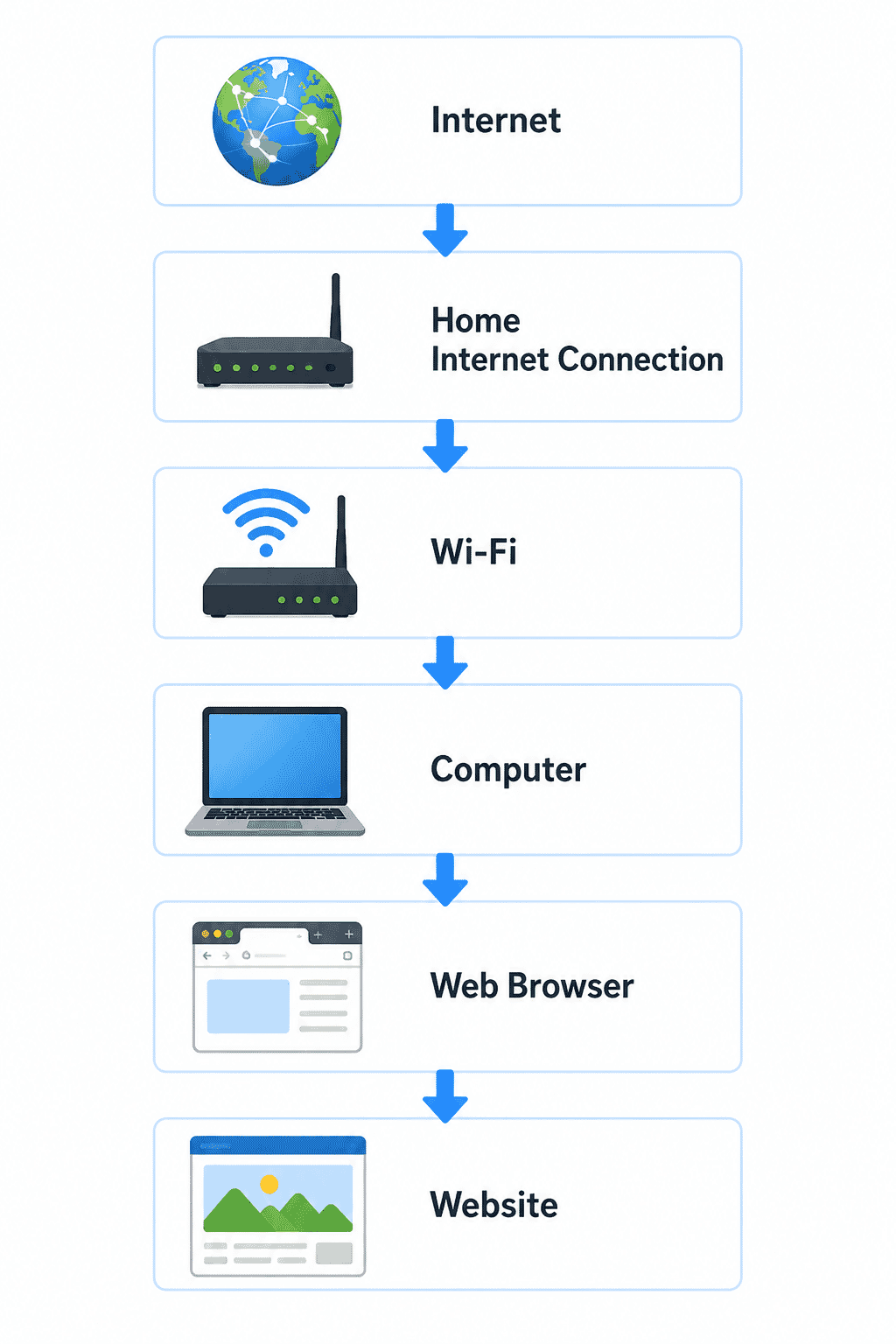 Diagram showing Internet, Wi-Fi, device, browser and website connected in order.