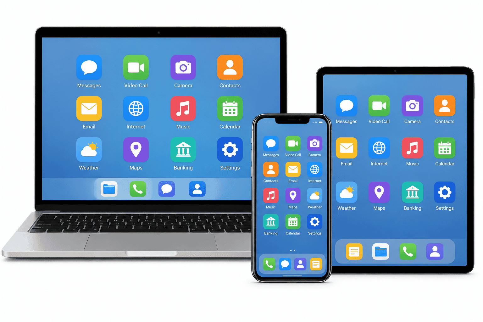 Laptop, smartphone and tablet showing app icons to demonstrate that apps can be used on different devices.