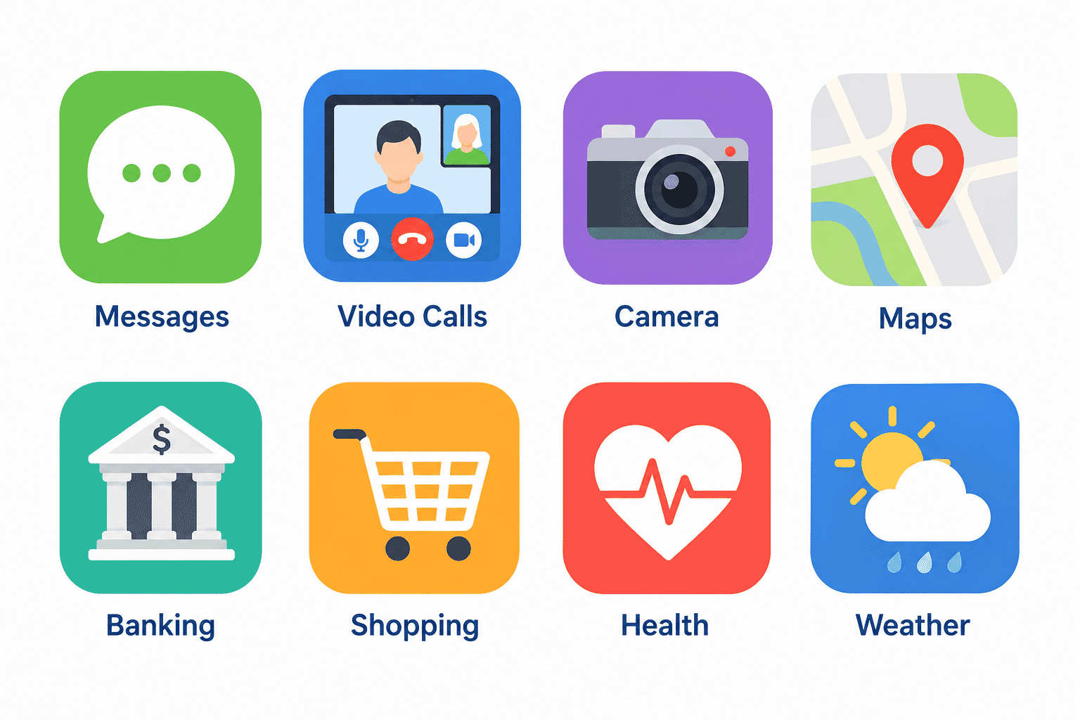 Illustration showing common app categories including communication, maps, camera, banking, shopping and health.