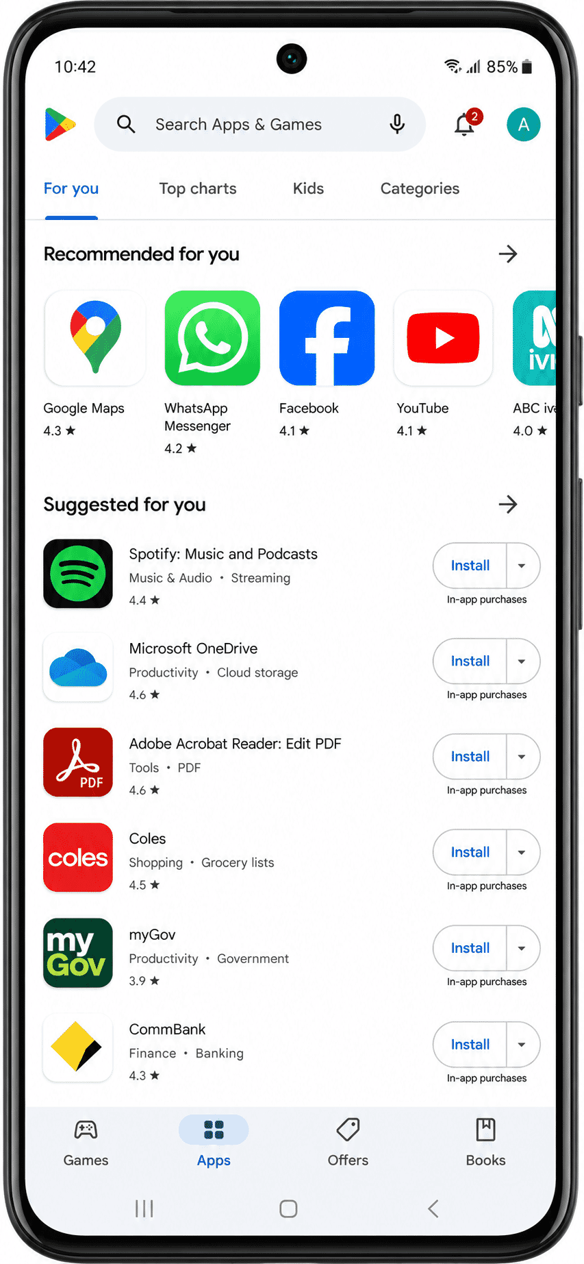 Google Play Store on Android showing apps available to install.