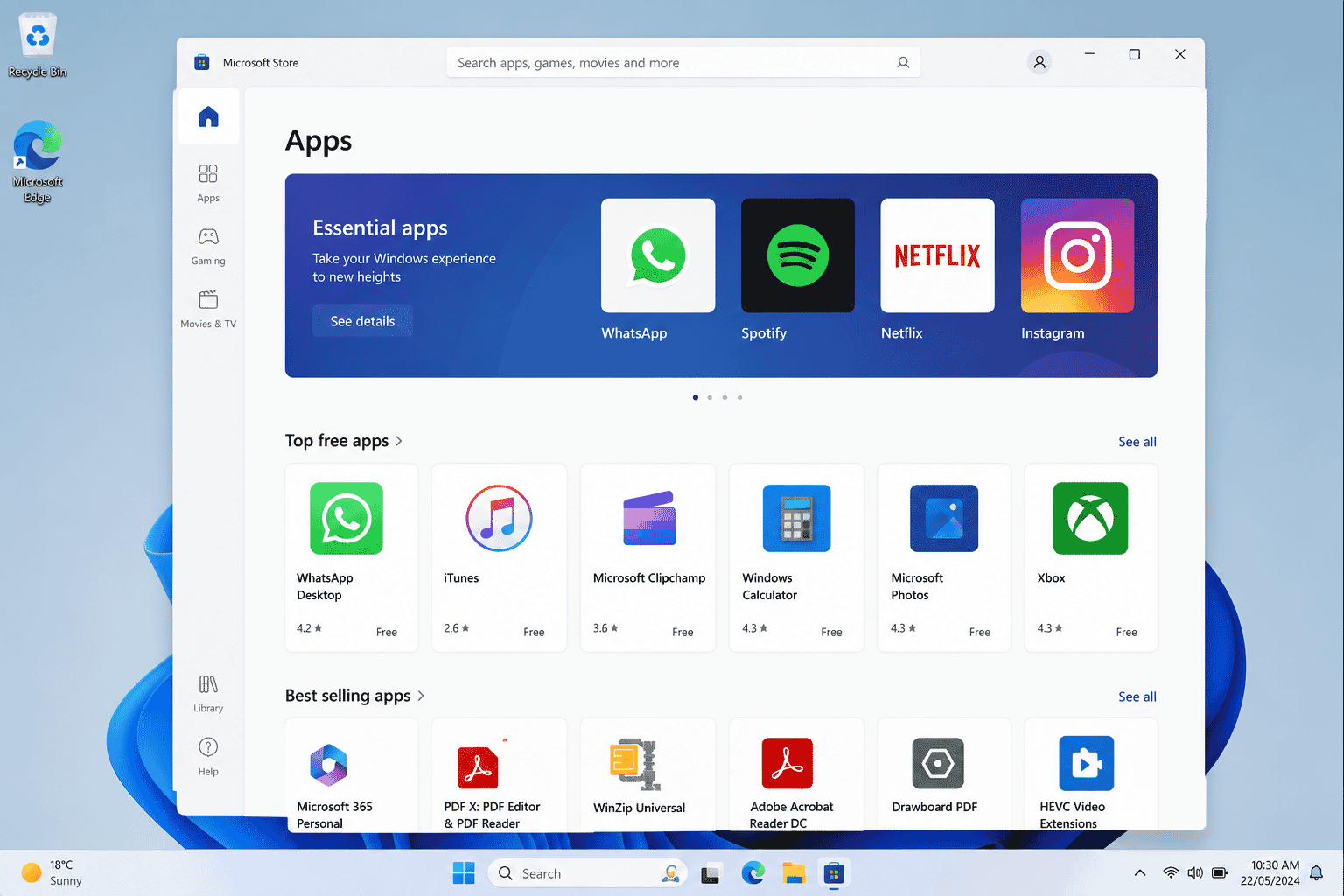 Microsoft Store on Windows showing apps available to install.