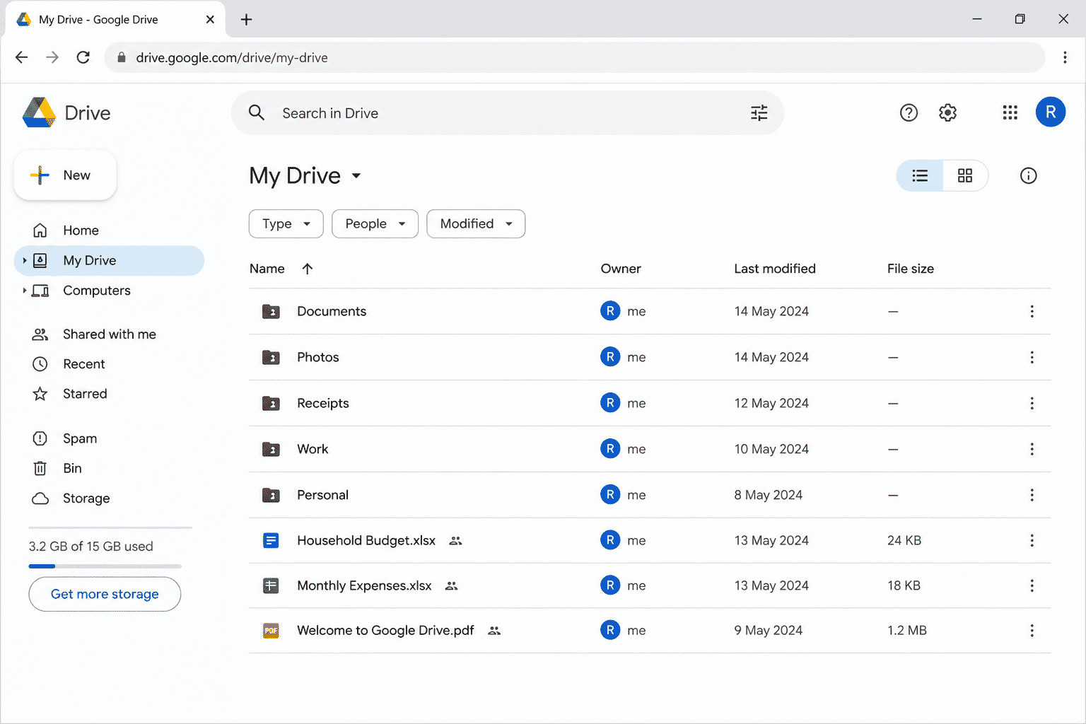 Google Drive open in a web browser showing folders and files.