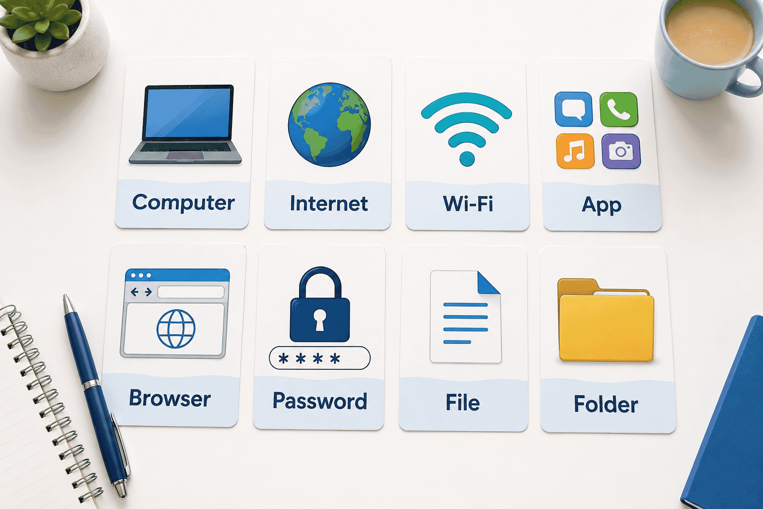 Simple cards showing beginner technology words such as computer, internet, Wi-Fi, app, browser and password.