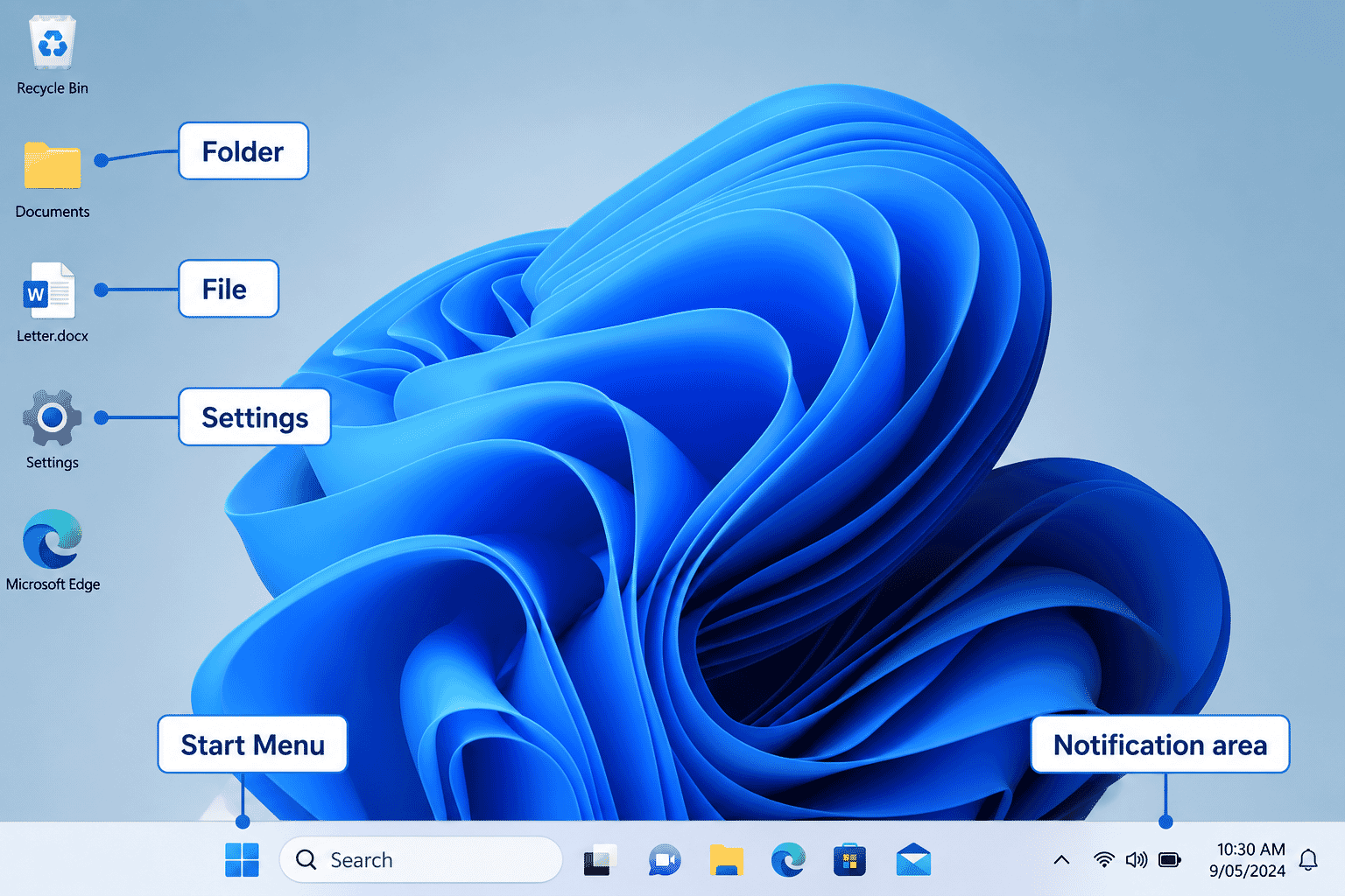 Windows desktop showing common items such as folders, files, settings and notifications.