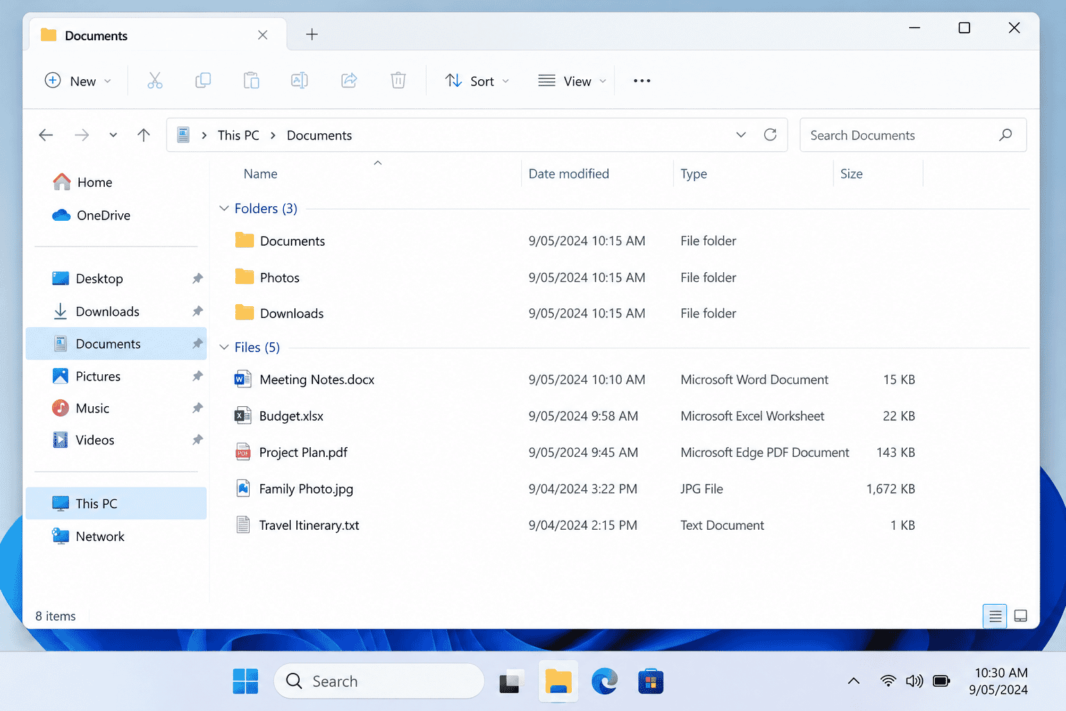 Windows File Explorer showing files organised inside folders.