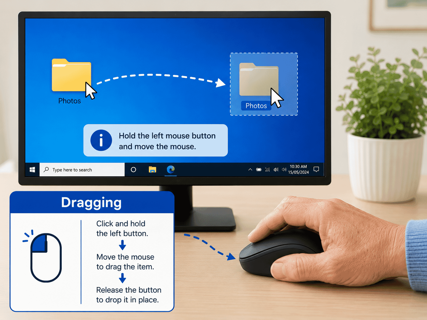 Example showing an item being dragged across a computer screen using a mouse.