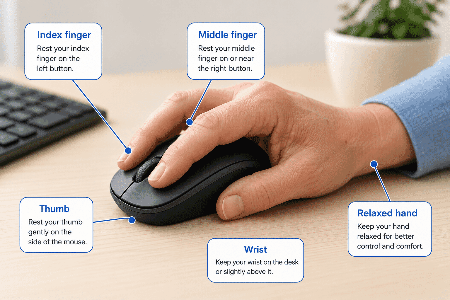Diagram showing the left button, right button, scroll wheel and body of a computer mouse.