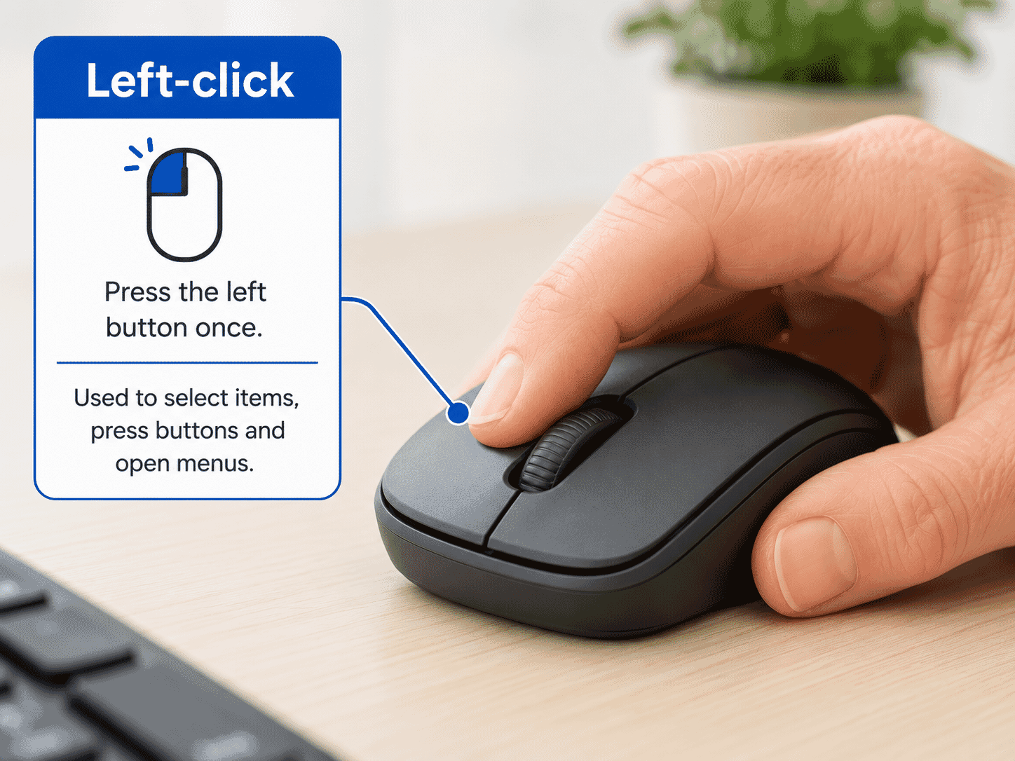 Finger pressing the left button on a computer mouse.