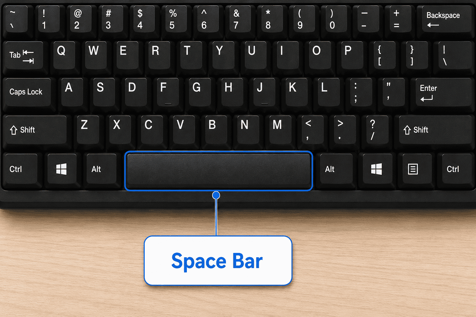 Close-up showing the location of the Space Bar on a keyboard.