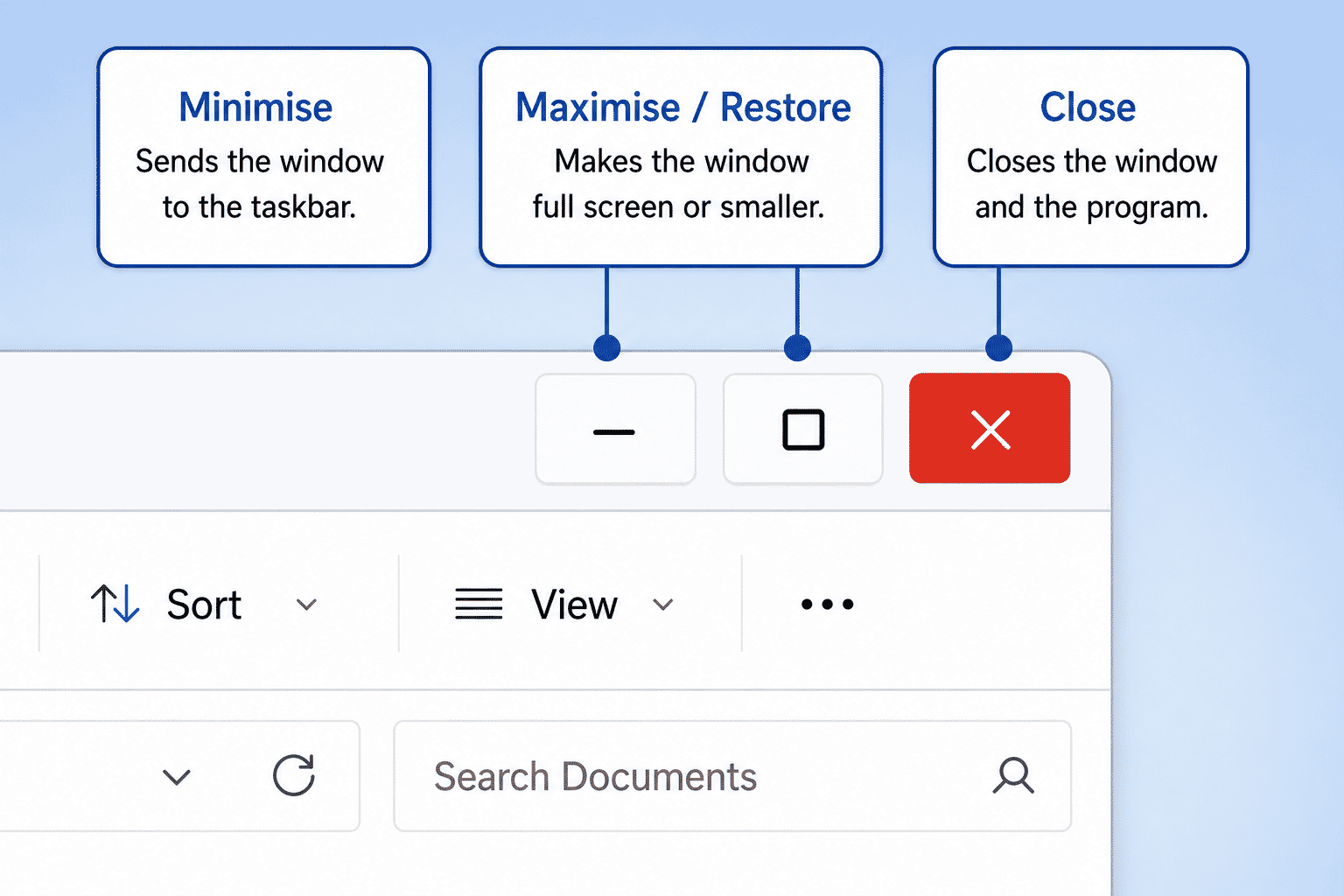 Close-up of the minimise, maximise and close buttons in Windows.