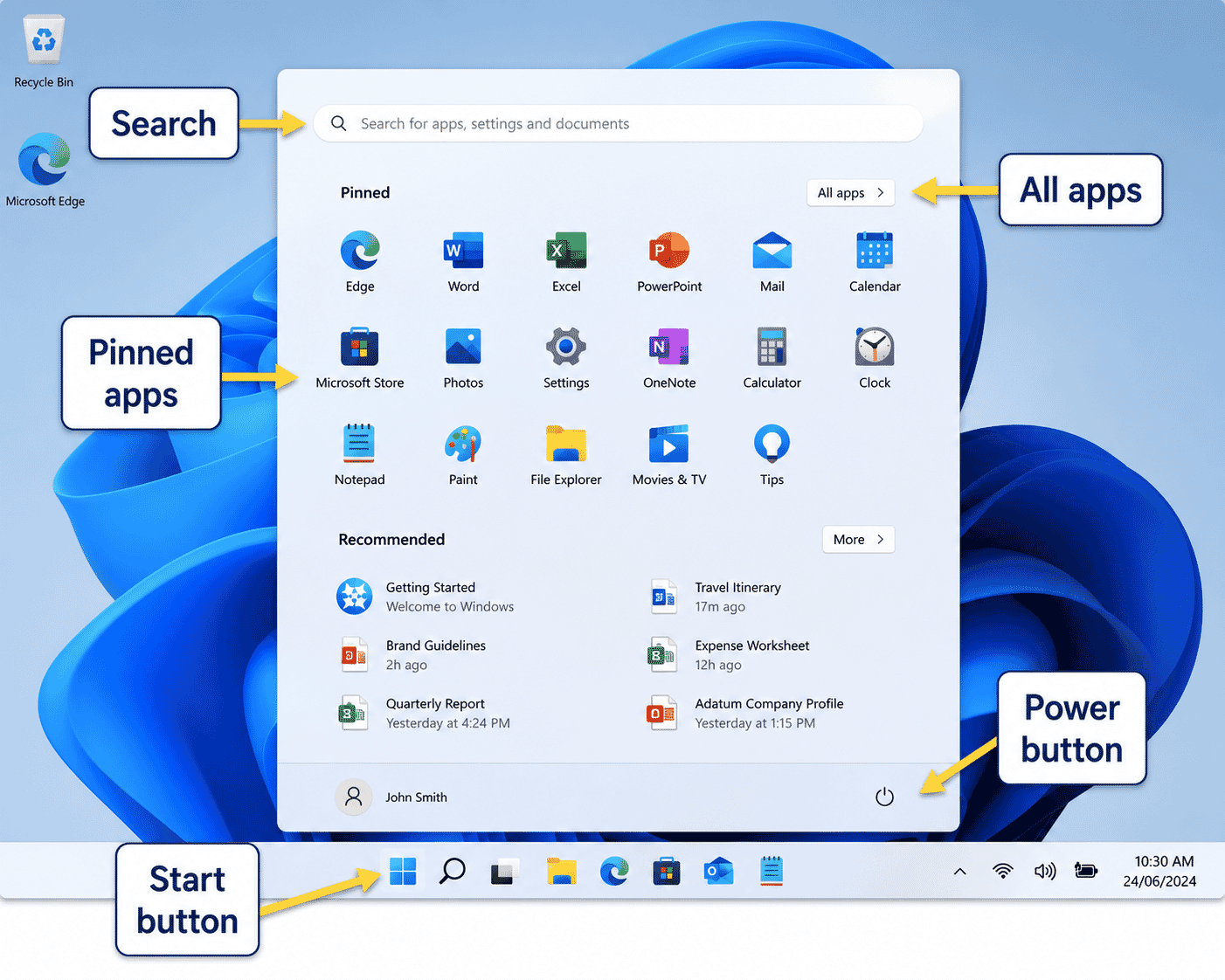 Windows 11 Start menu showing pinned applications and search.
