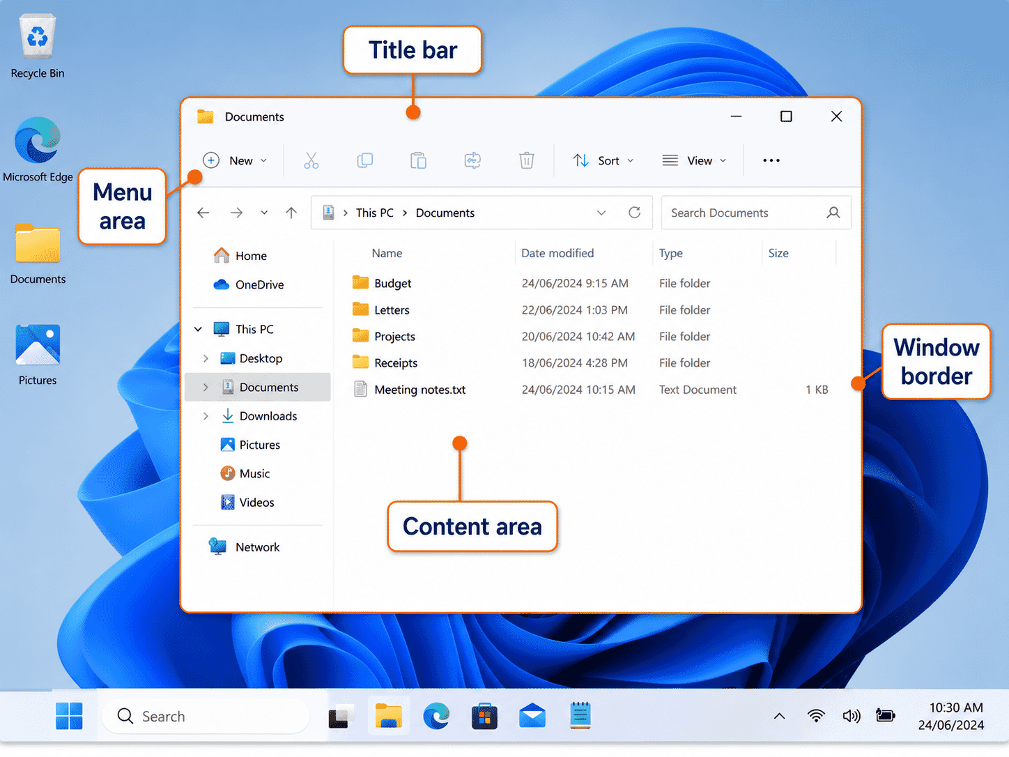 Example of a Windows application window with labelled parts.
