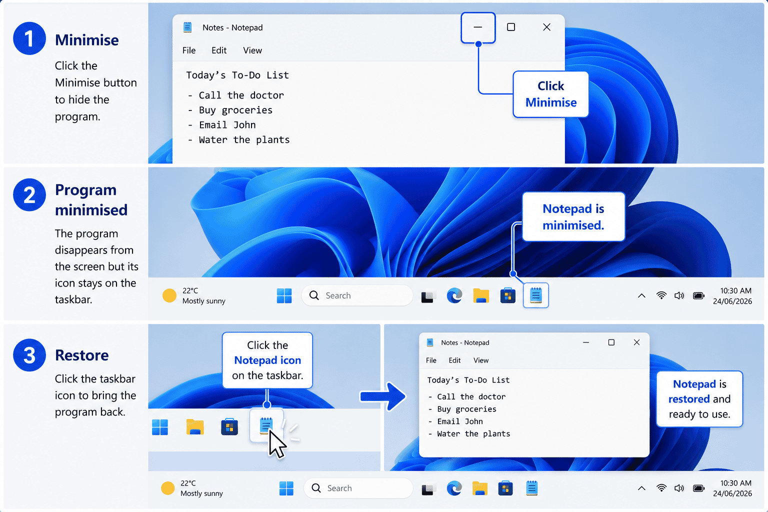 Example showing how to minimise and restore a Windows application.