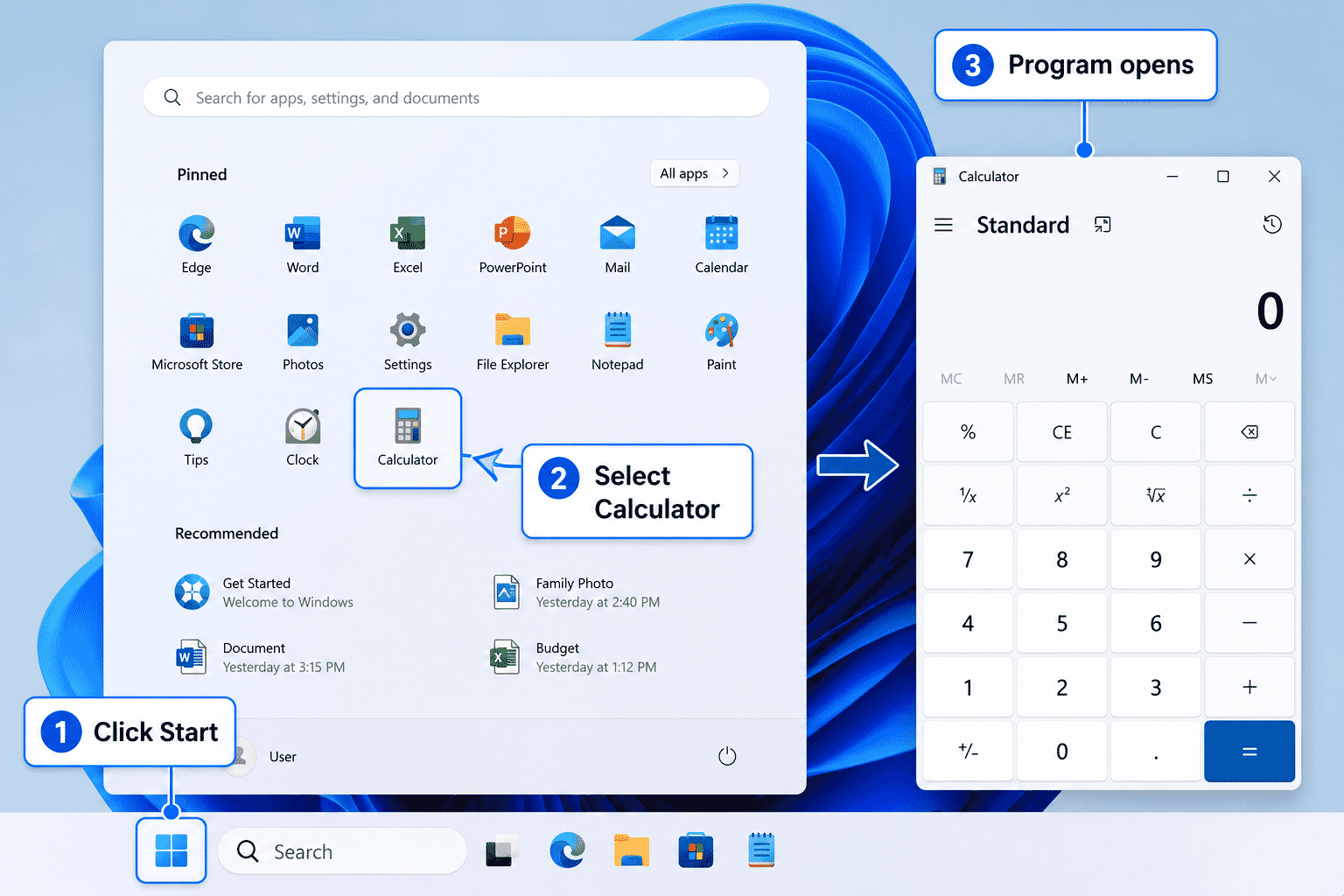 Opening a Windows program using the Start menu.