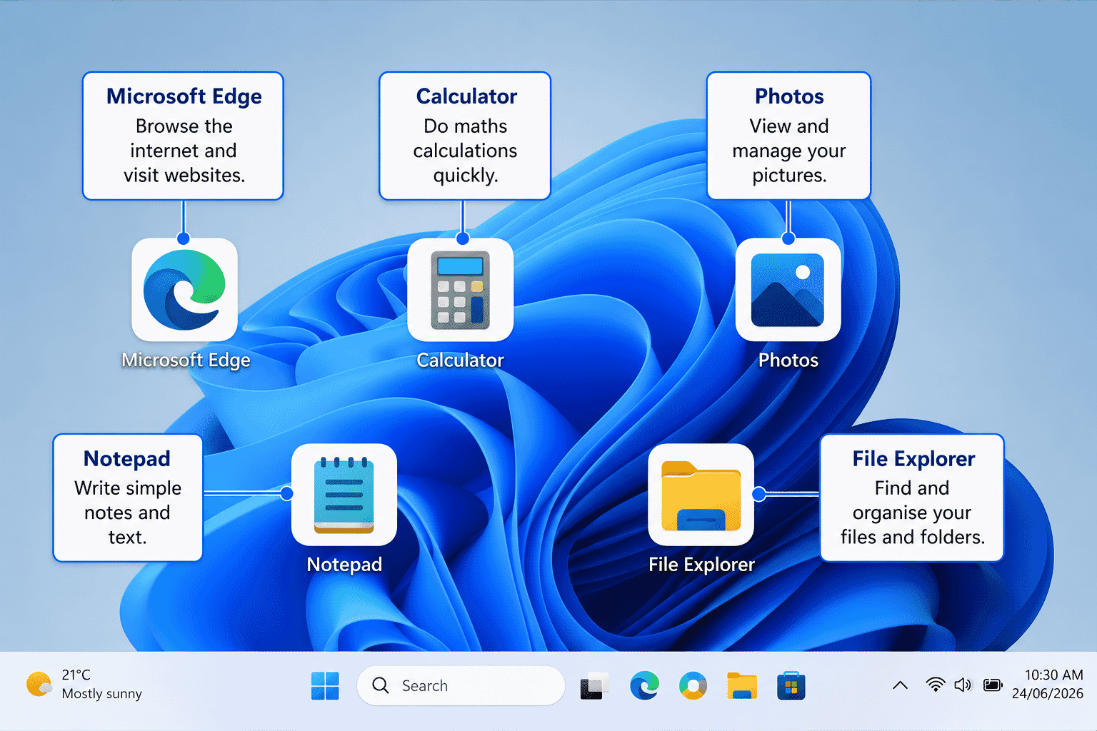 Common Windows programs displayed with simple descriptions.