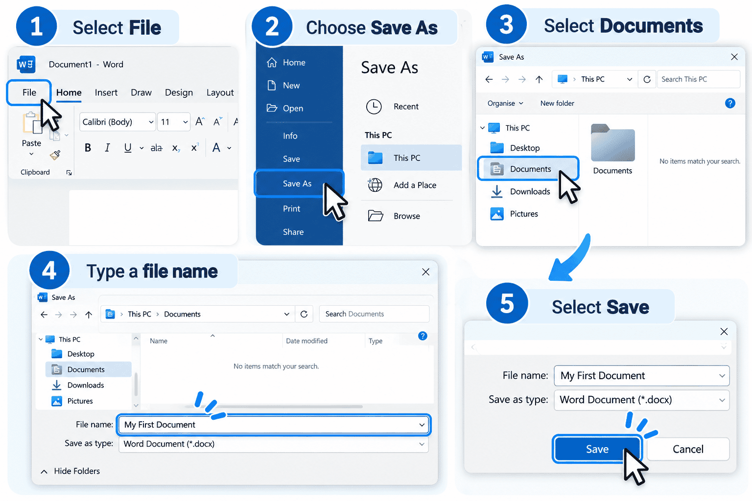 Windows 11 steps for saving a file for the first time.