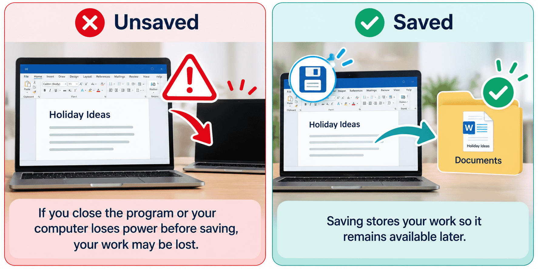 Comparison showing unsaved work being lost and saved work stored safely.