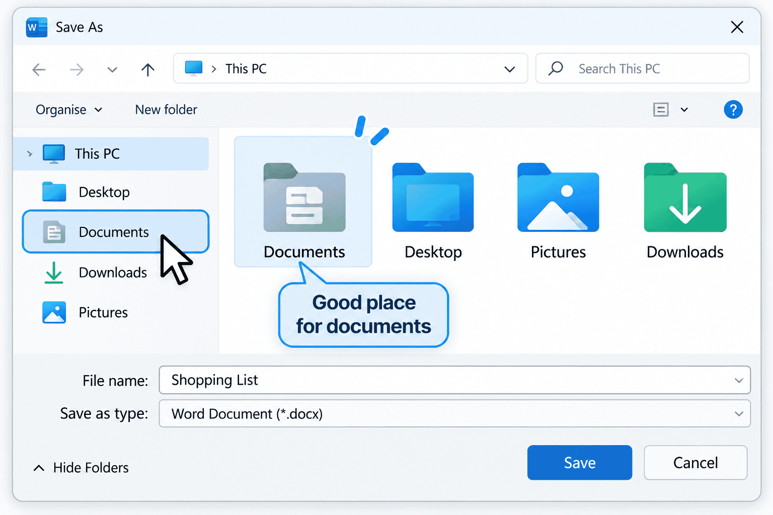 Windows Save As window showing Documents, Desktop, Pictures and Downloads folders.