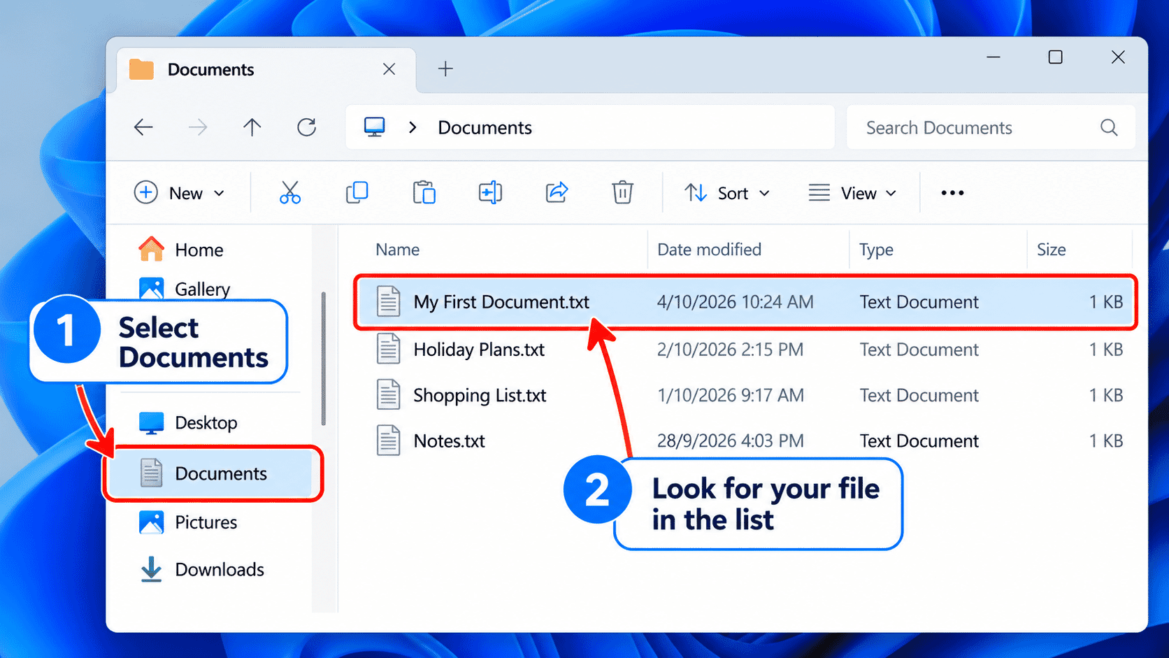File Explorer navigation pane with Documents selected.