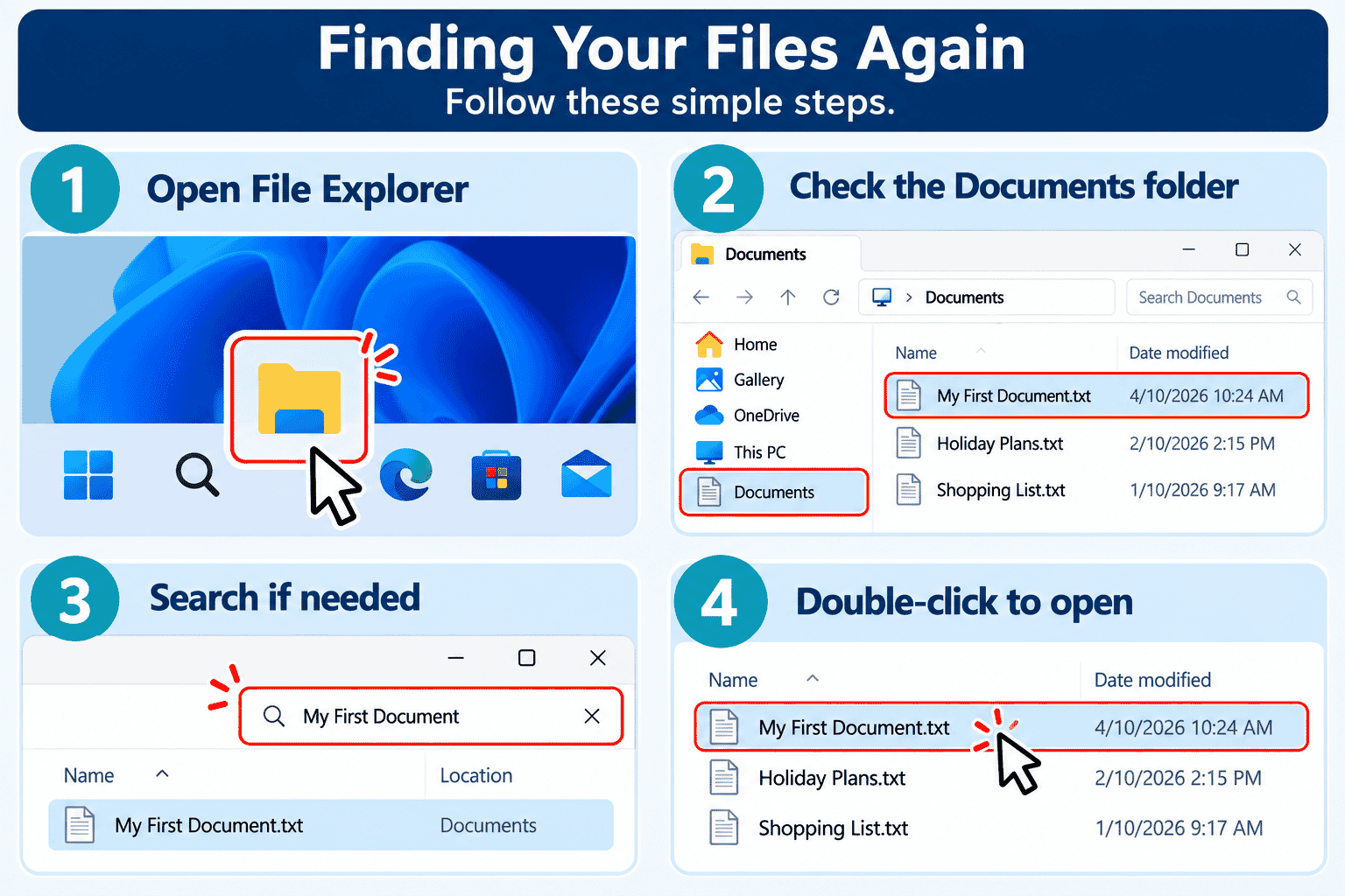 Infographic of File Explorer, Documents, search and open actions.