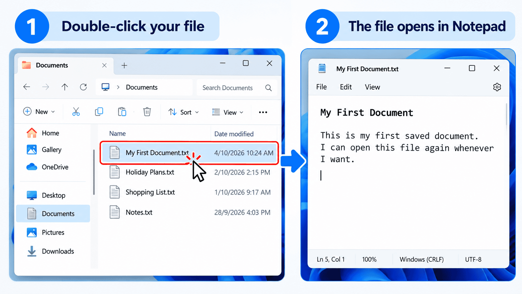 A saved document selected in File Explorer and opened in Notepad.