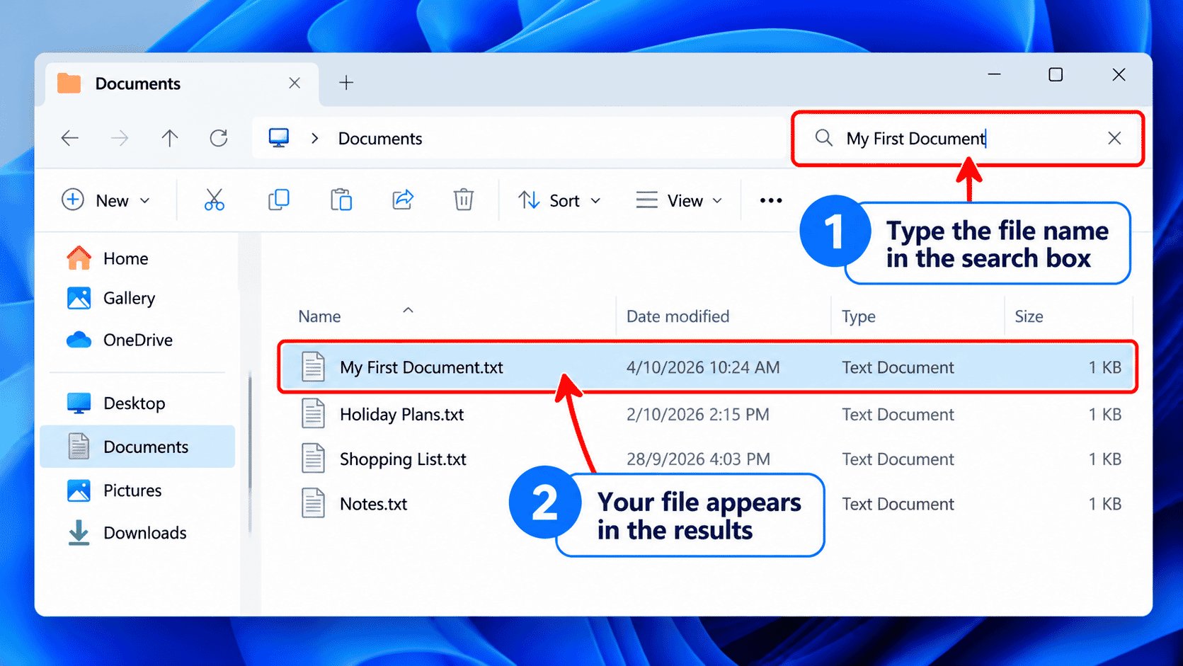 File Explorer search box with a document name entered.