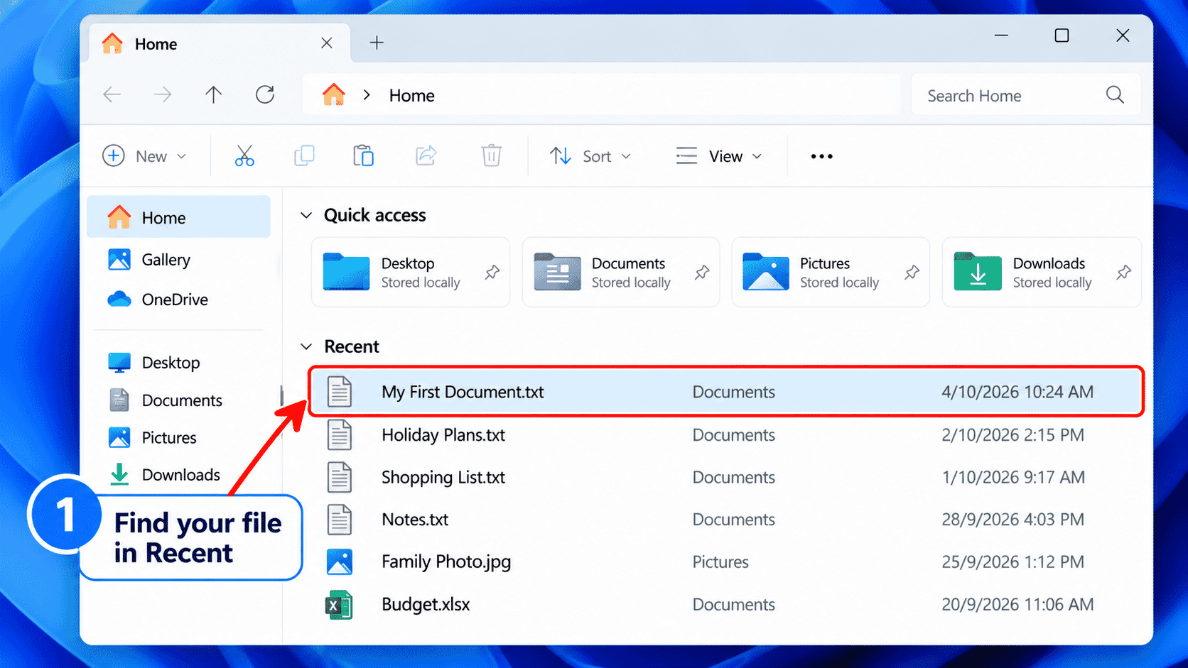 File Explorer Home view with a recent document highlighted.