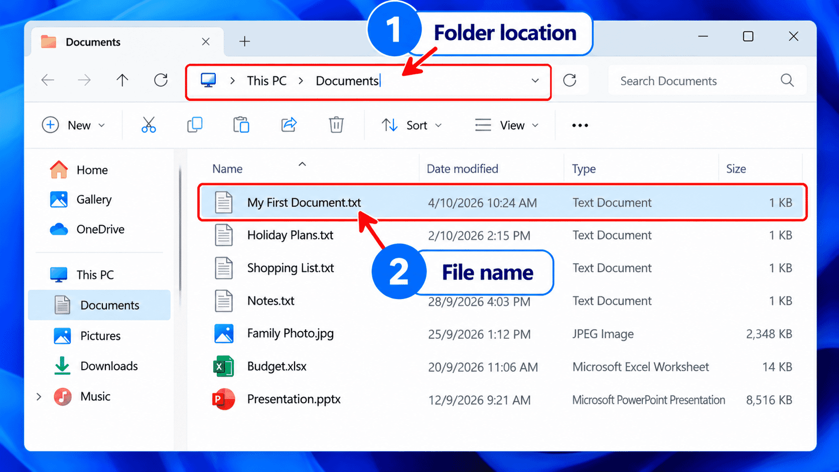 File Explorer address bar showing Documents and selected file.