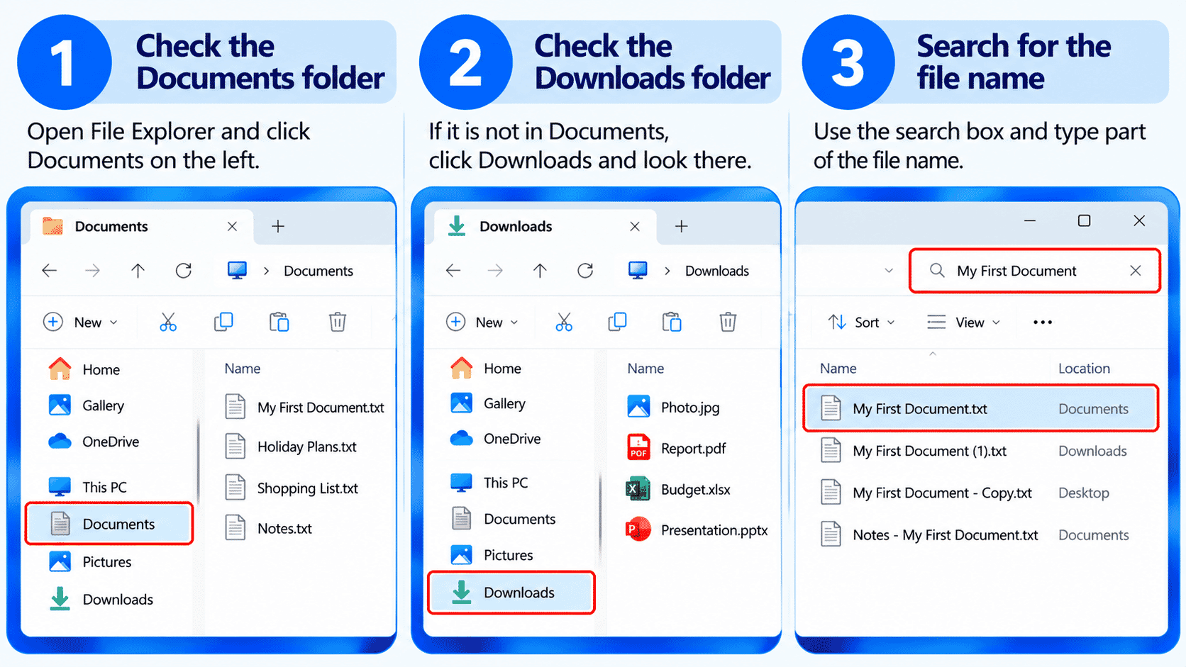 Simple troubleshooting graphic showing a file name, folder and search box.