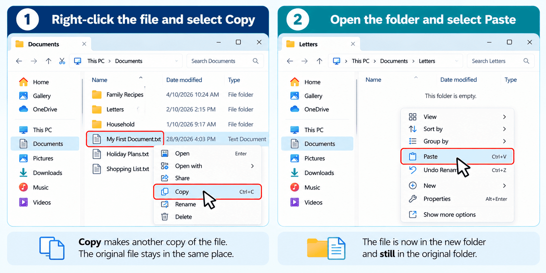 Side-by-side diagram showing one file moved versus one file copied to another folder.