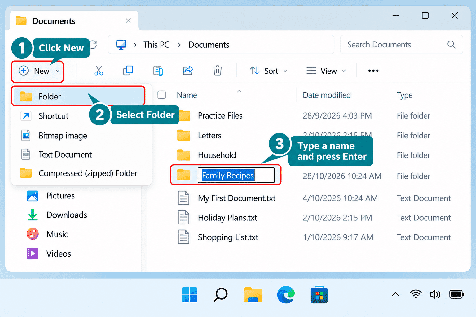 Windows 11 File Explorer showing New then Folder and a folder named Family Recipes.