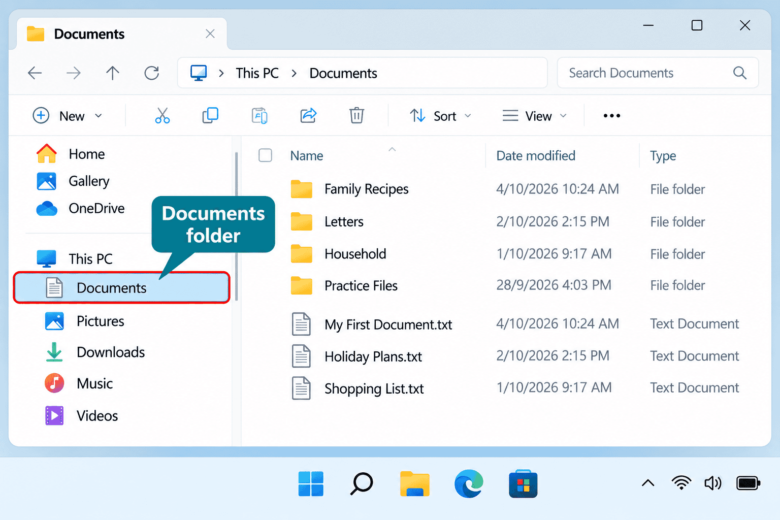 Windows 11 File Explorer with navigation pane and Documents folder highlighted.