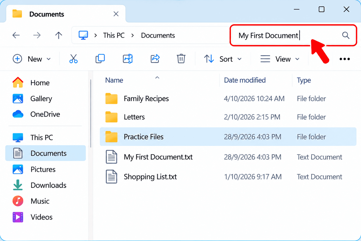 Windows 11 File Explorer showing a search for a fictitious moved document.