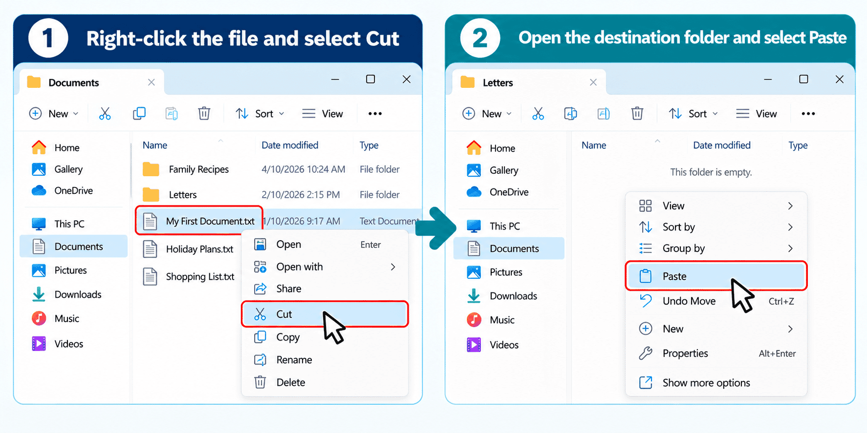 Two-step Windows 11 File Explorer illustration showing a practice file moved into Family Recipes.