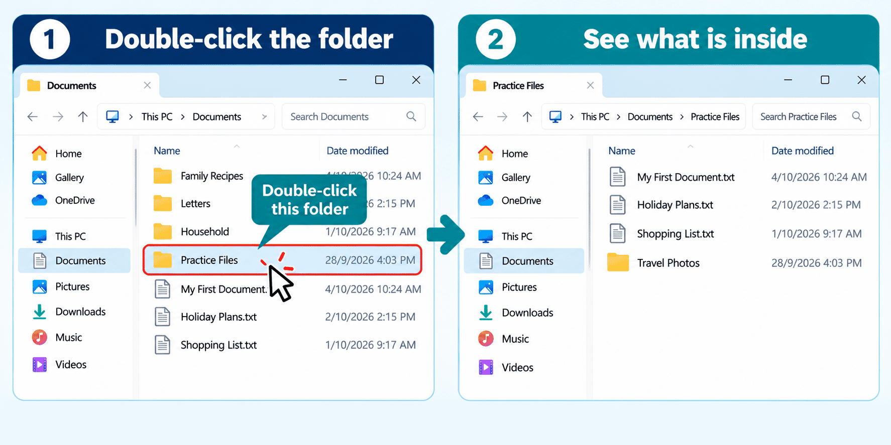 Windows 11 File Explorer showing a folder before and after opening it.