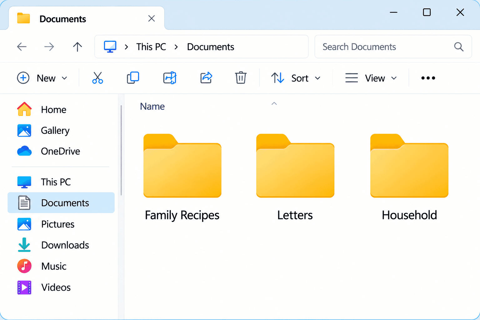 Simple Windows Documents folder with Family Recipes, Letters and Household folders.