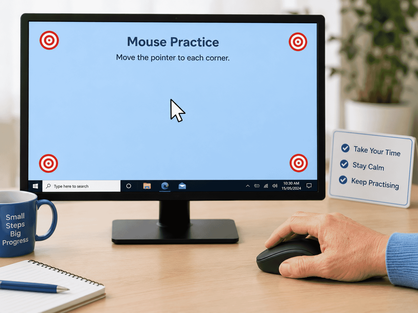 Computer screen showing a simple mouse practice activity with pointer targets.