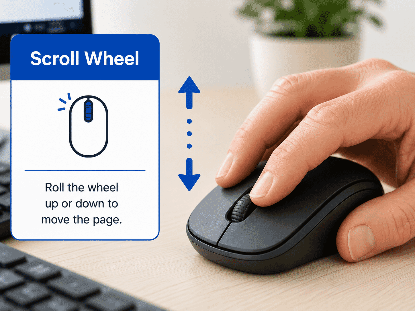 Finger using the scroll wheel on a computer mouse.